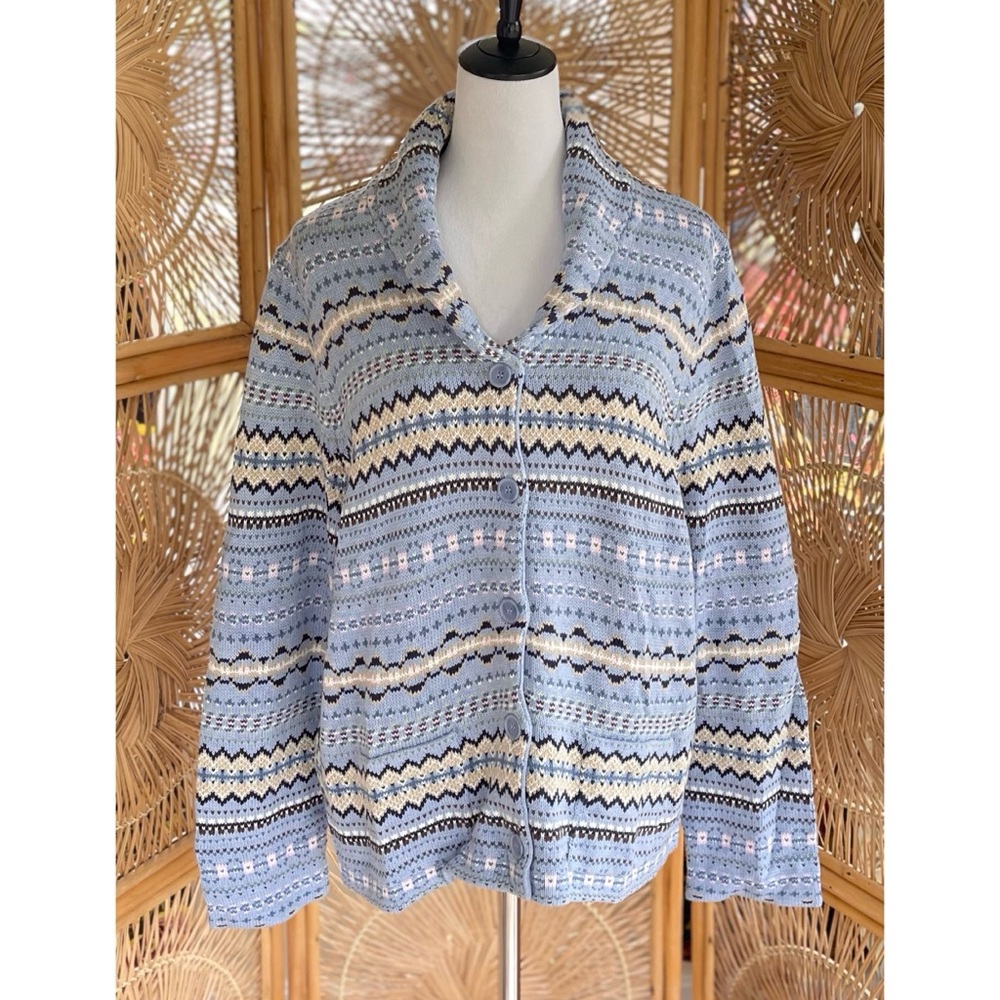 Denim & Co. Light Blue Multicolor Fair Isle Shawl Collar Knit Cardigan Sweater L - Picture 3 of 7